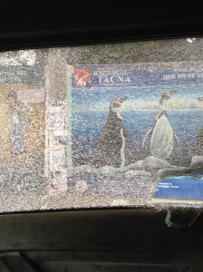 Our broken window, if you look closely you can see the hole where the steel ball hit and cracked it.